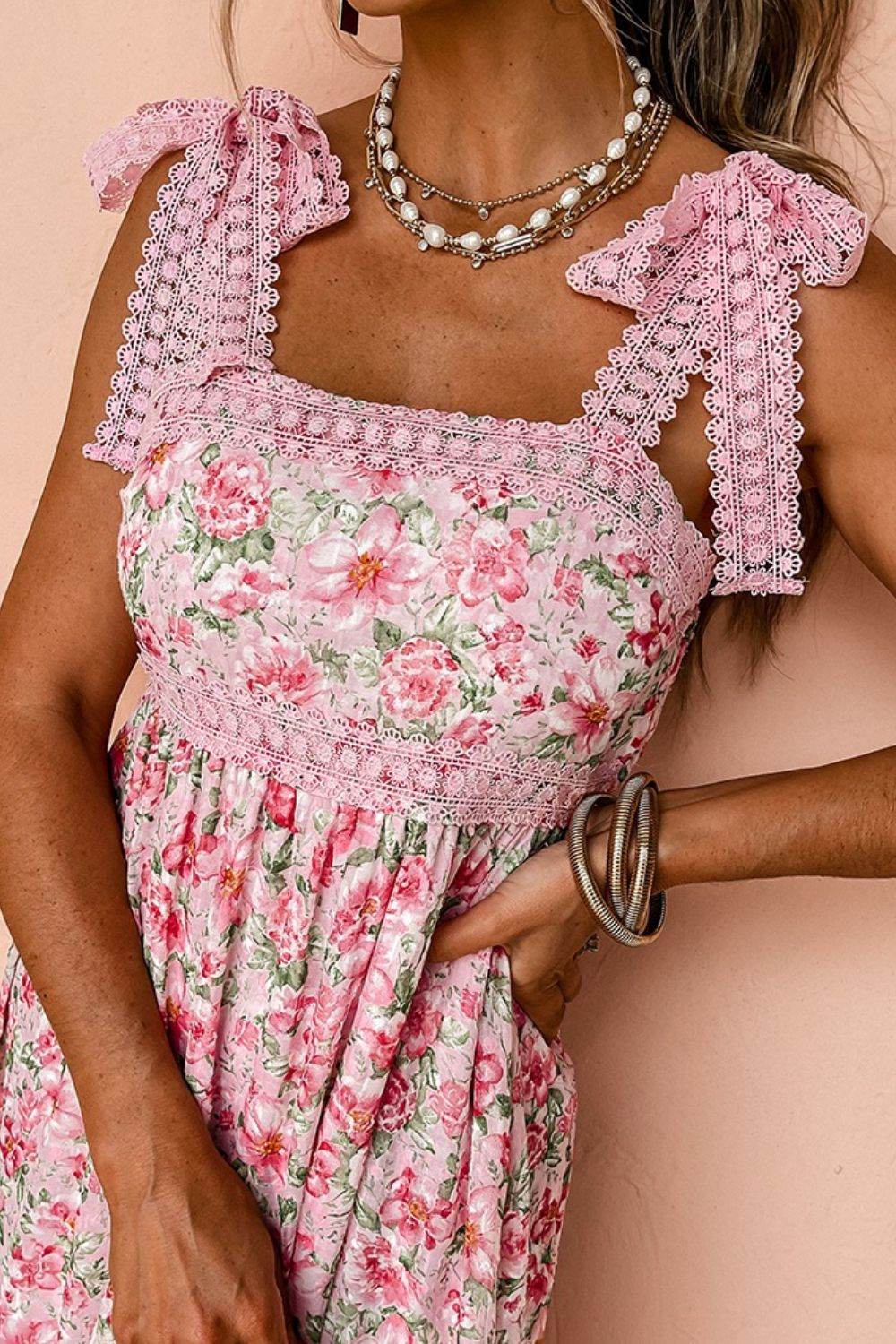 Floral Print Square Neck Dress with Lace Tied Straps and Pockets - MARIGOLD