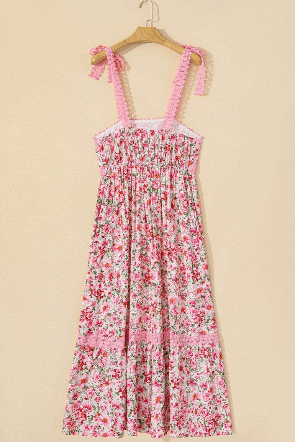 Floral Print Square Neck Dress with Lace Tied Straps and Pockets - MARIGOLD