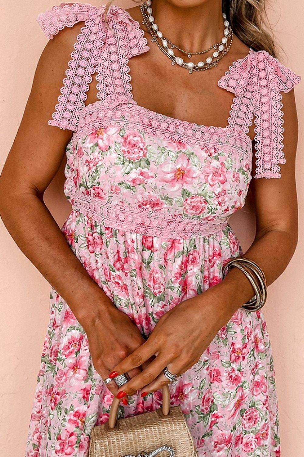 Floral Print Square Neck Dress with Lace Tied Straps and Pockets - MARIGOLD