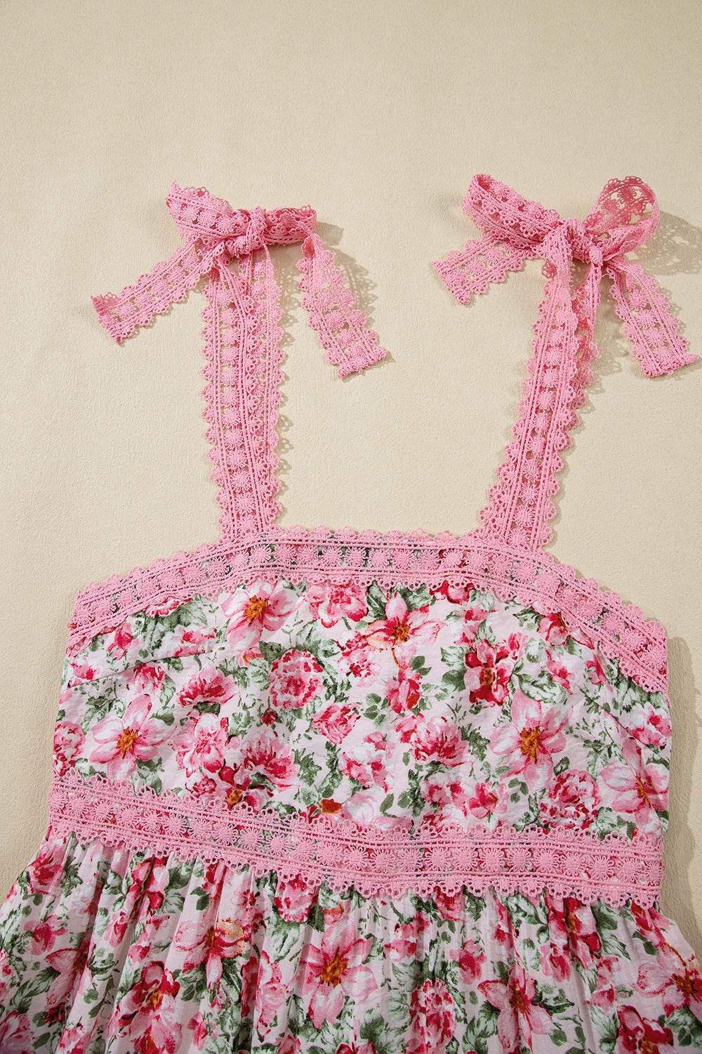 Floral Print Square Neck Dress with Lace Tied Straps and Pockets - MARIGOLD