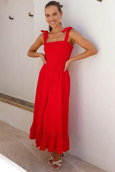 Ruffled Smocked Ruffle Hem Sleeveless Dress - MARIGOLD