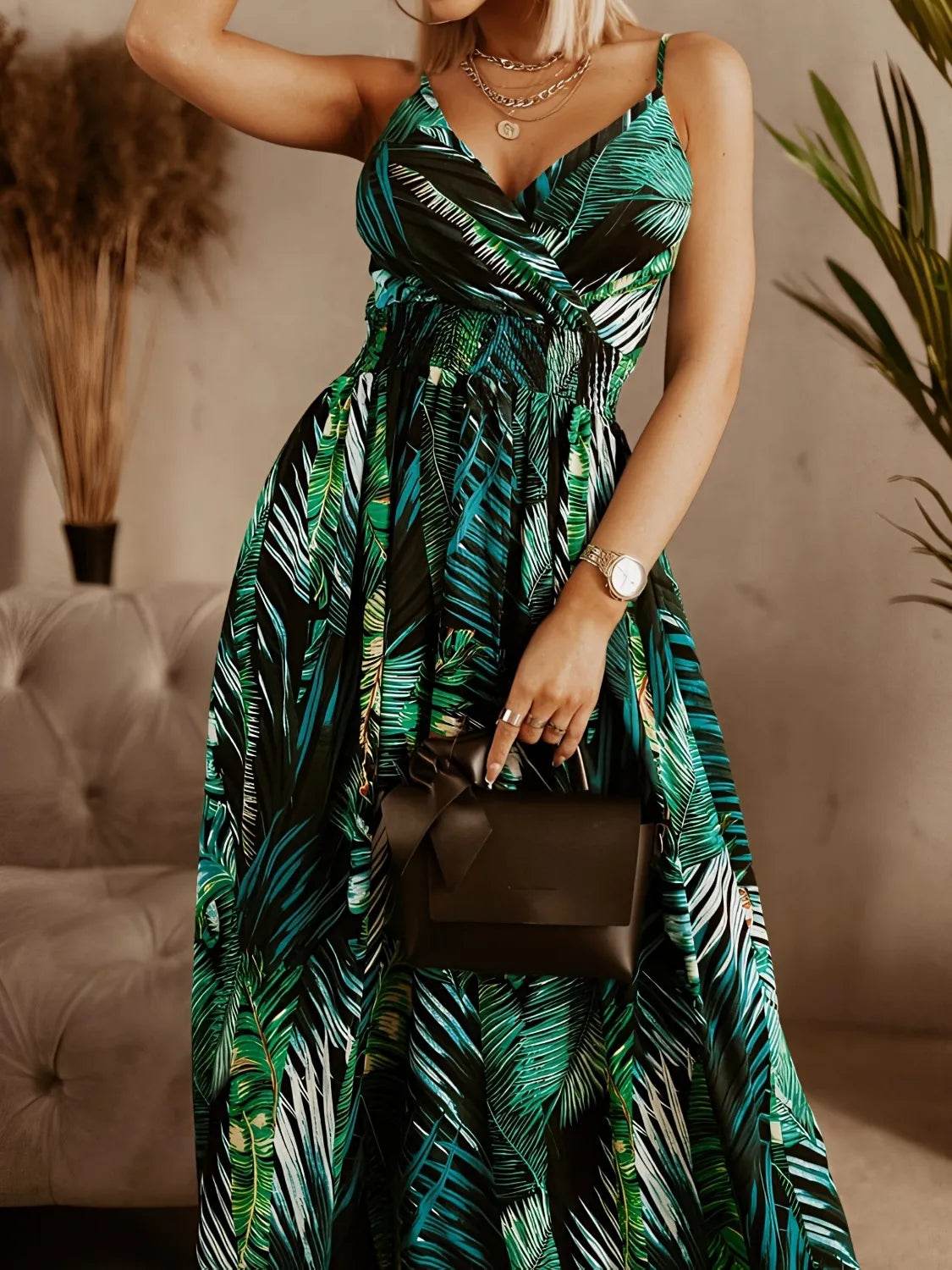 Tropical Smocked Surplice Cami Midi Dress - MARIGOLD