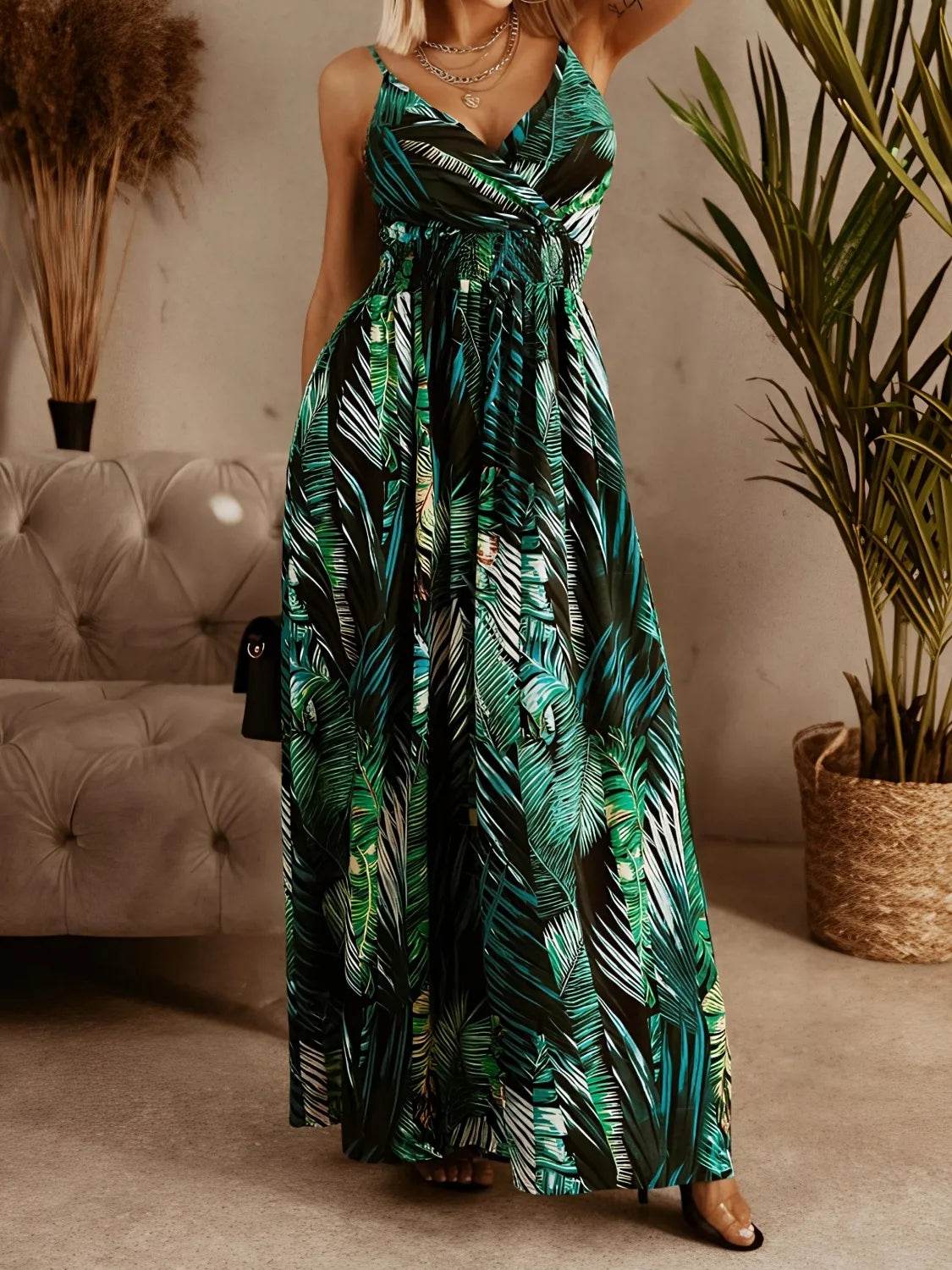 Tropical Smocked Surplice Cami Midi Dress - MARIGOLD