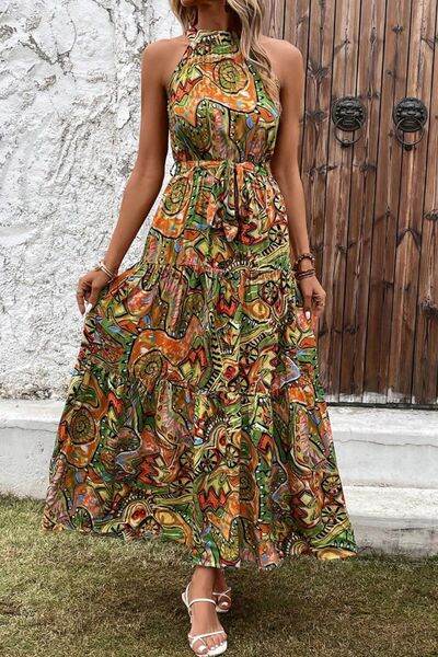 Tied Floral Sleeveless Dress - MARIGOLD