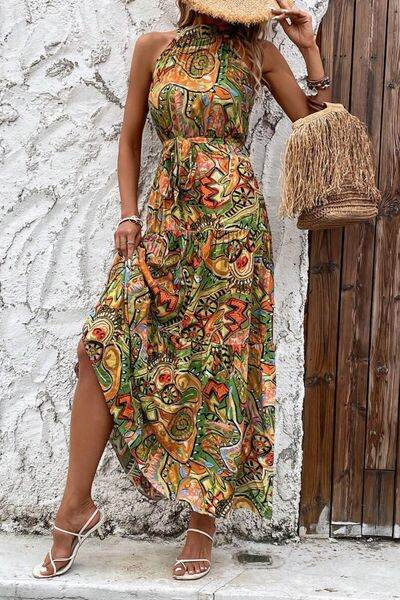 Tied Floral Sleeveless Dress - MARIGOLD