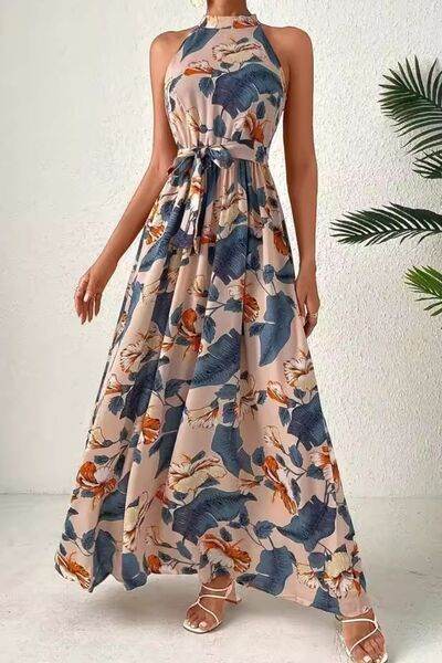 Tied Floral Sleeveless Dress - MARIGOLD