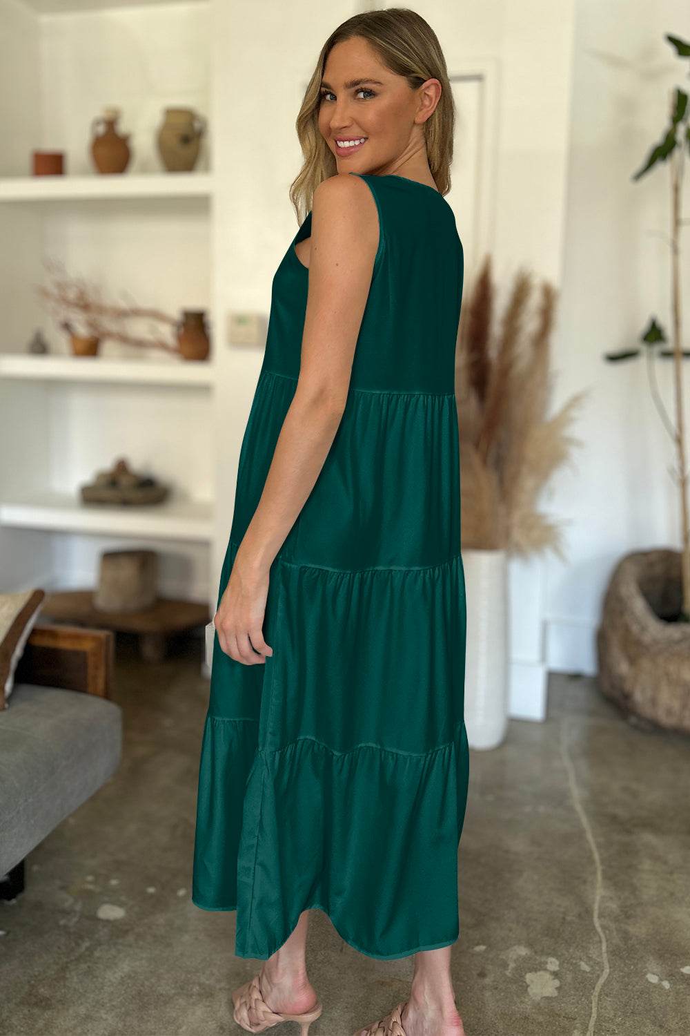 V-Neck Sleeveless Midi Tiered Dress - MARIGOLD