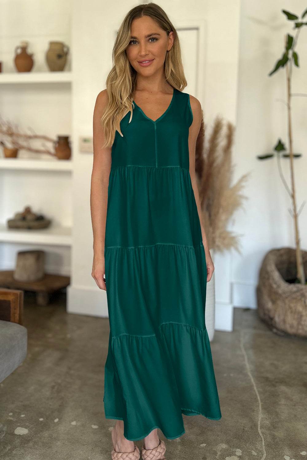 V-Neck Sleeveless Midi Tiered Dress - MARIGOLD