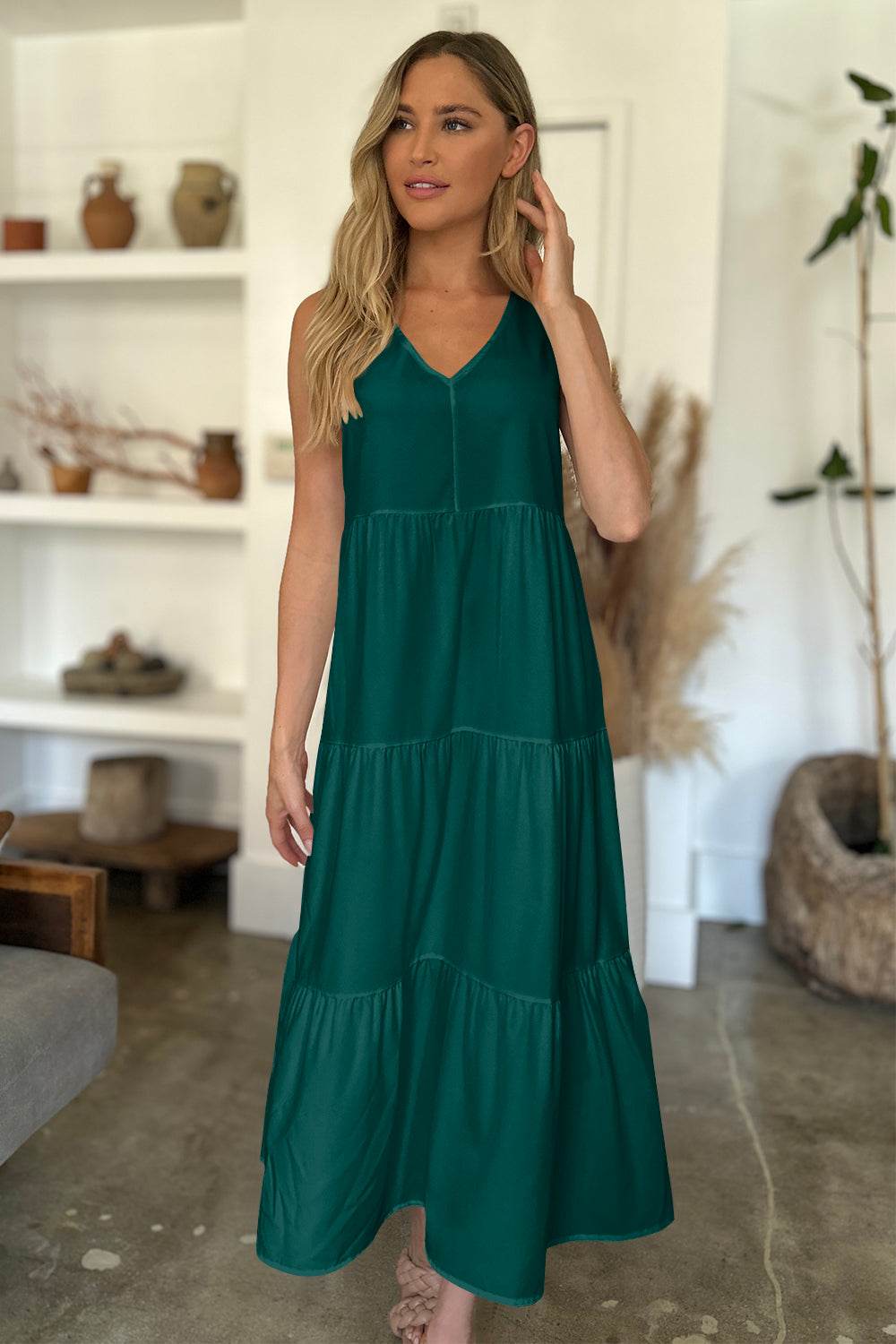 V-Neck Sleeveless Midi Tiered Dress - MARIGOLD