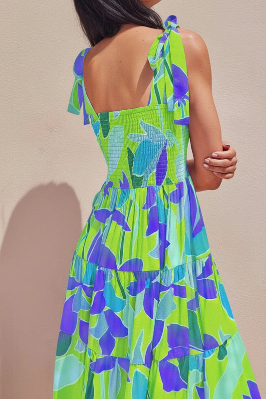 Floral Tie-Shoulder Smocked Midi Dress - MARIGOLD