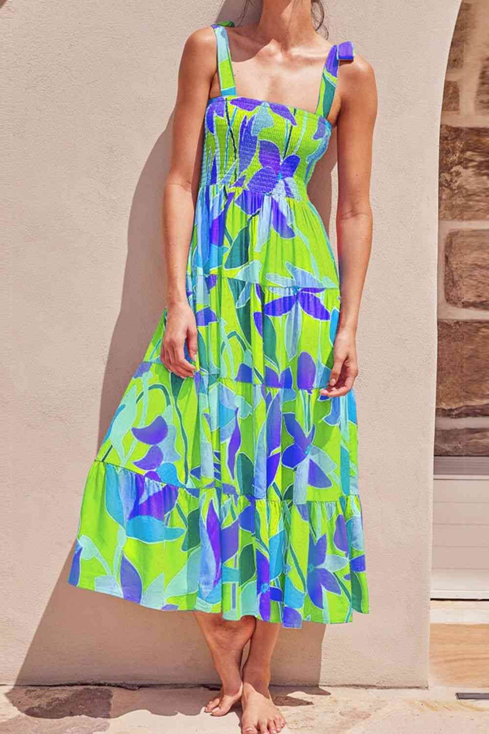 Floral Tie-Shoulder Smocked Midi Dress - MARIGOLD