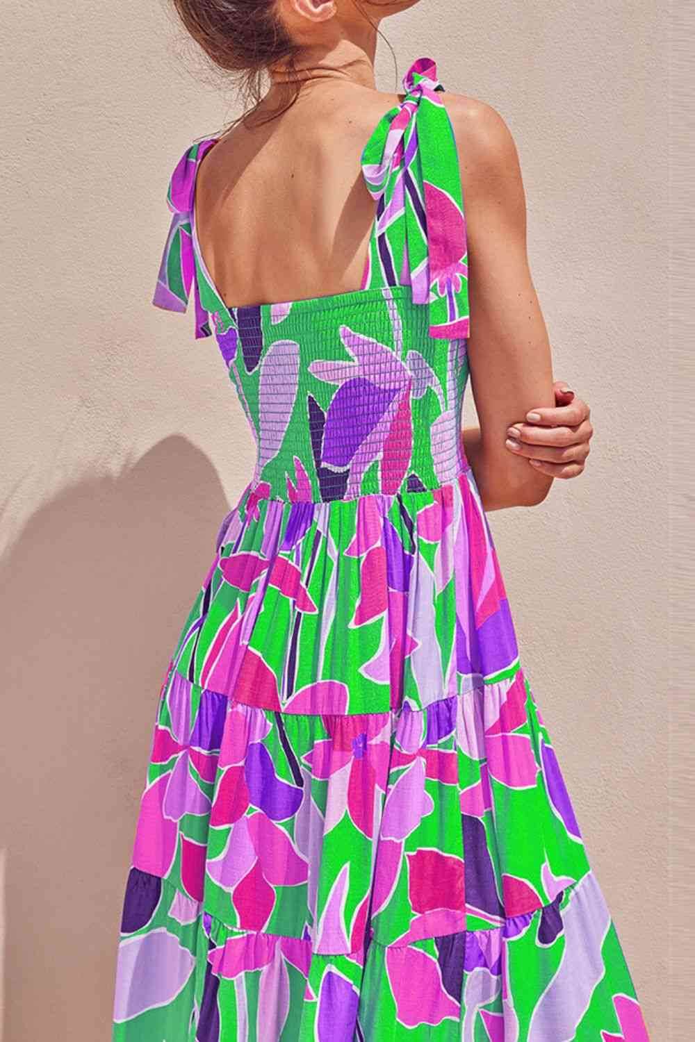 Floral Tie-Shoulder Smocked Midi Dress - MARIGOLD