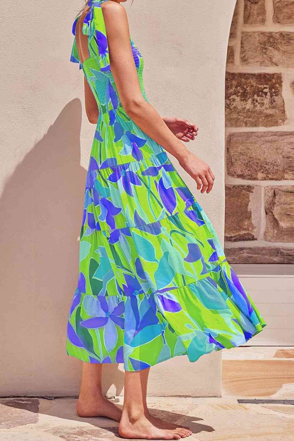 Floral Tie-Shoulder Smocked Midi Dress - MARIGOLD