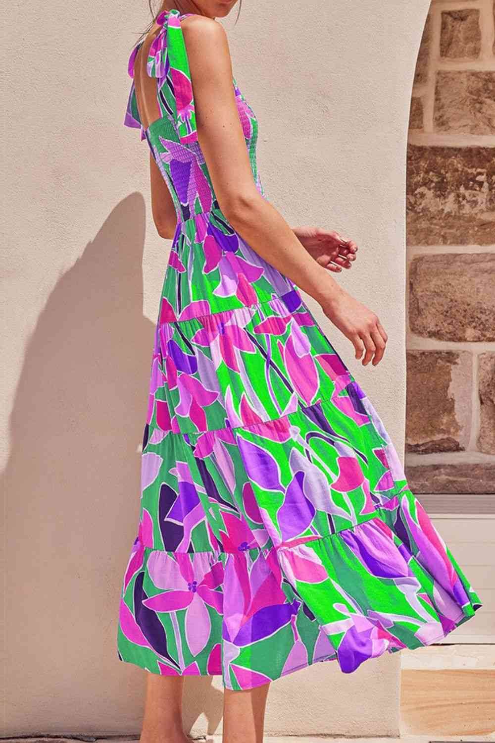 Floral Tie-Shoulder Smocked Midi Dress - MARIGOLD