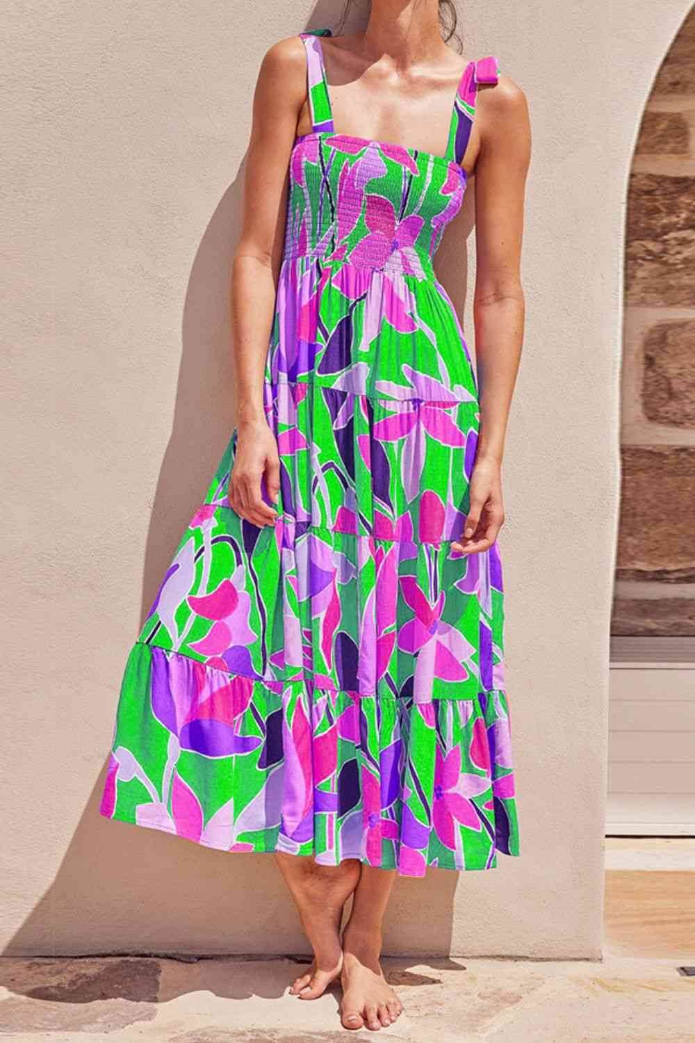 Floral Tie-Shoulder Smocked Midi Dress - MARIGOLD