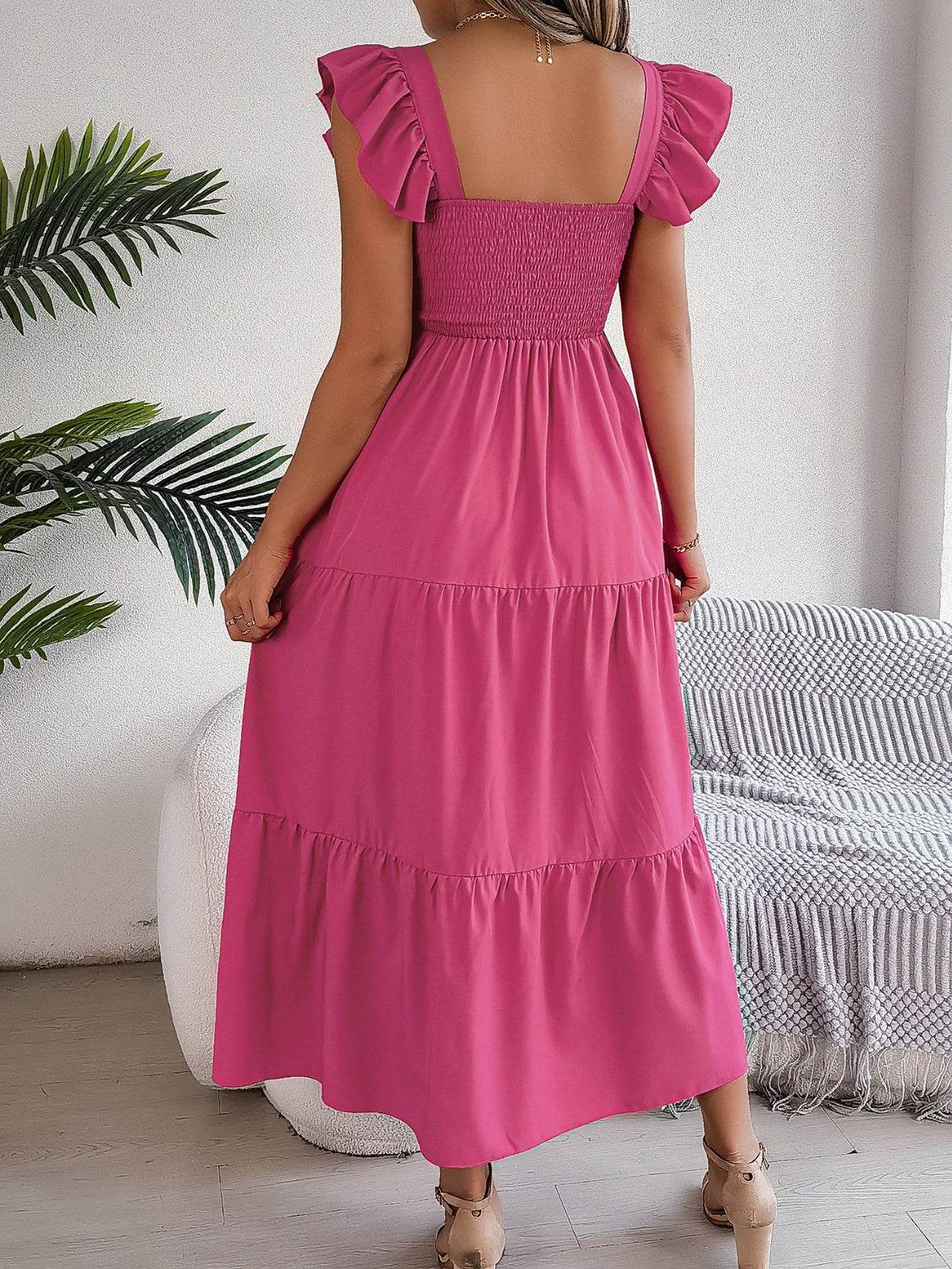 Boho Smocked Square Neck Tiered Midi Dress with Flutter Sleeves - MARIGOLD