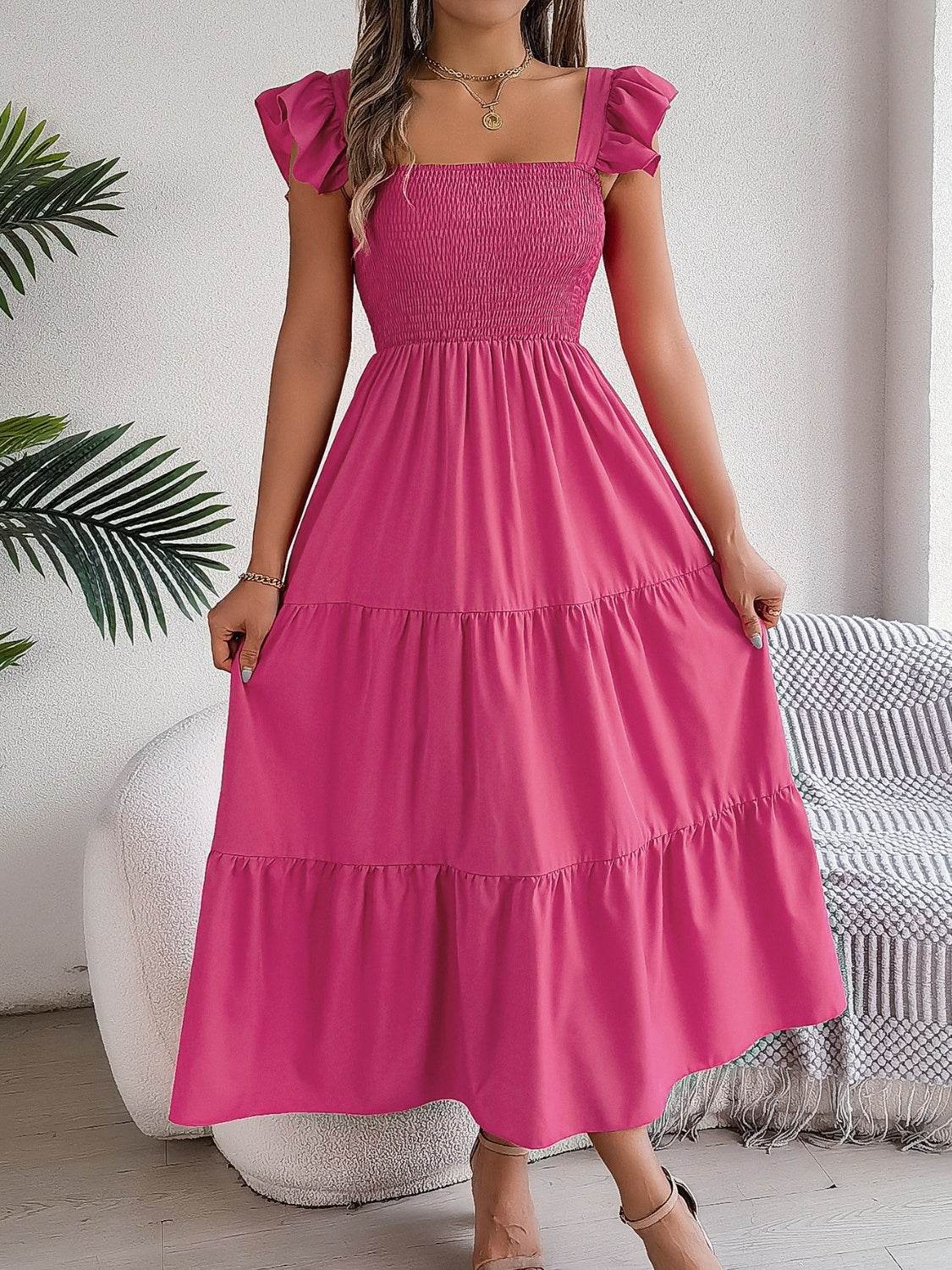 Boho Smocked Square Neck Tiered Midi Dress with Flutter Sleeves - MARIGOLD