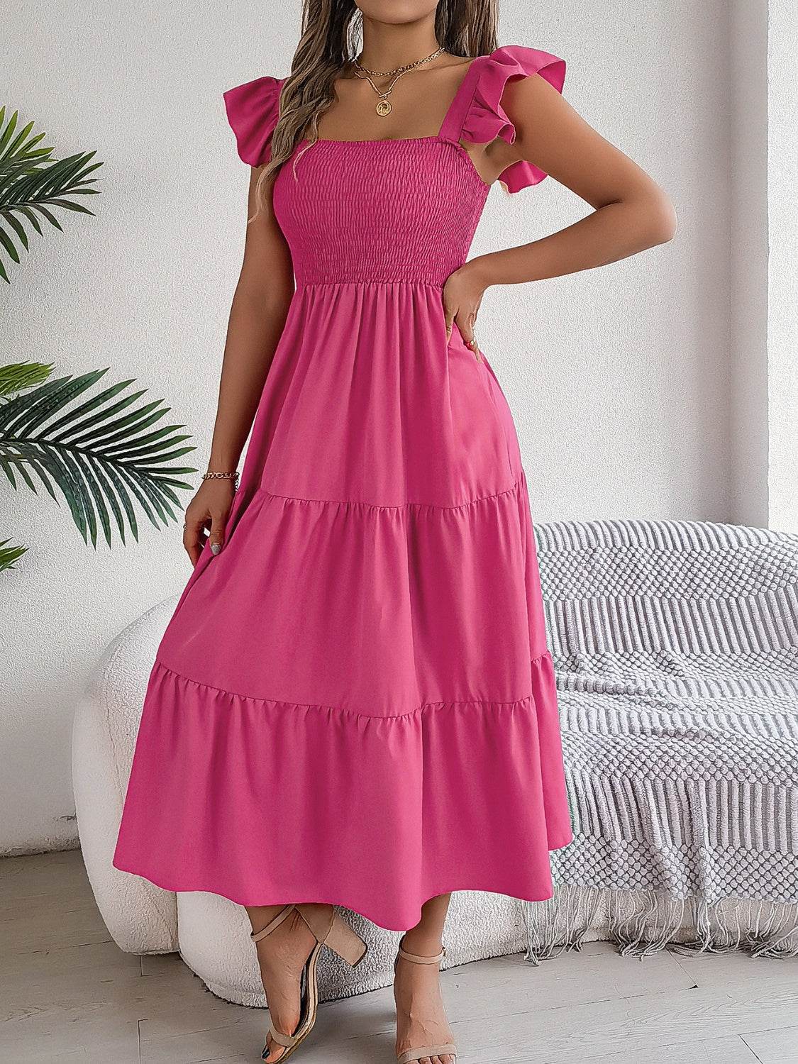 Boho Smocked Square Neck Tiered Midi Dress with Flutter Sleeves - MARIGOLD