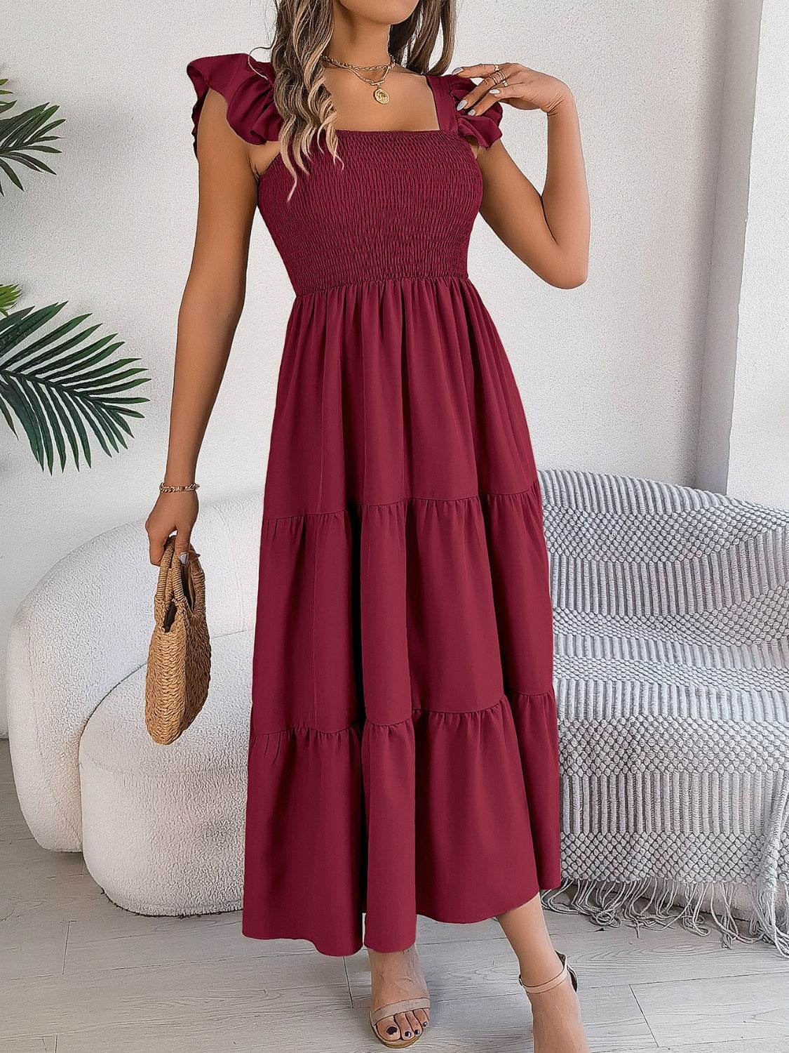 Boho Smocked Square Neck Tiered Midi Dress with Flutter Sleeves - MARIGOLD