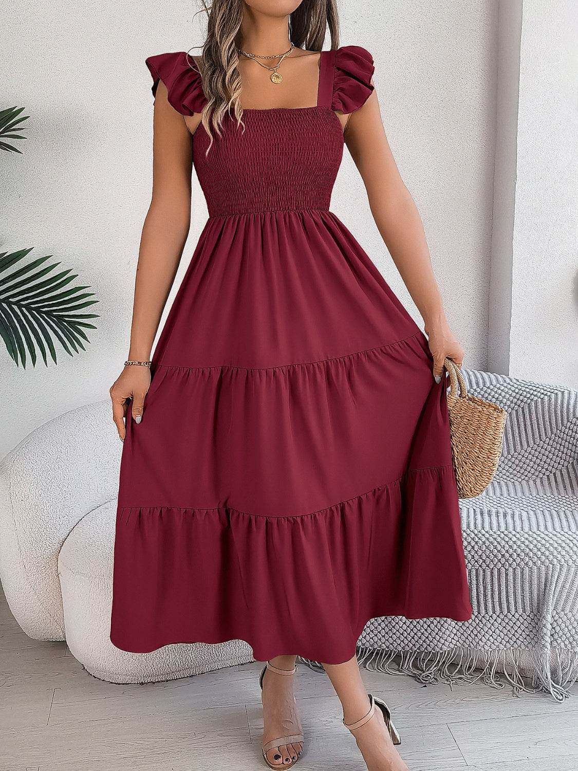 Boho Smocked Square Neck Tiered Midi Dress with Flutter Sleeves - MARIGOLD