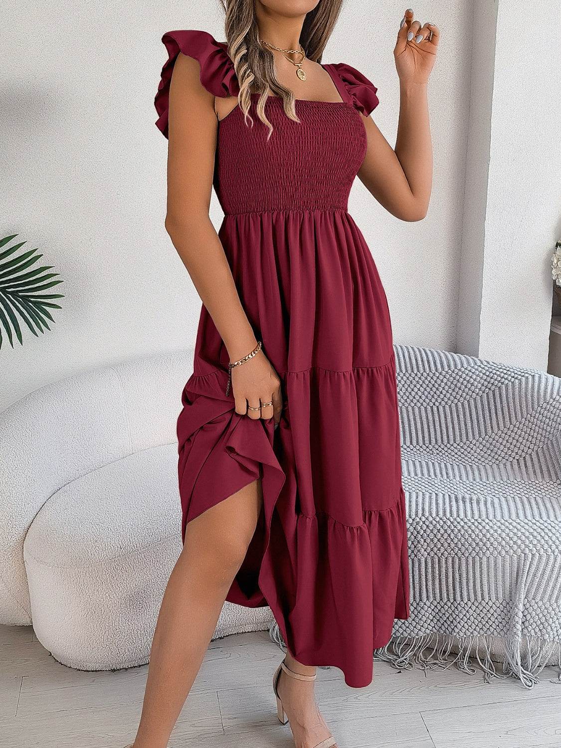 Boho Smocked Square Neck Tiered Midi Dress with Flutter Sleeves - MARIGOLD