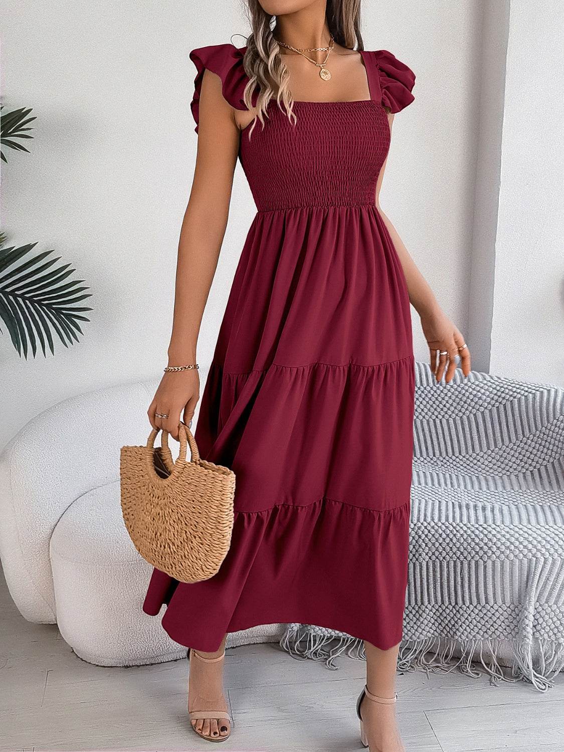 Boho Smocked Square Neck Tiered Midi Dress with Flutter Sleeves - MARIGOLD