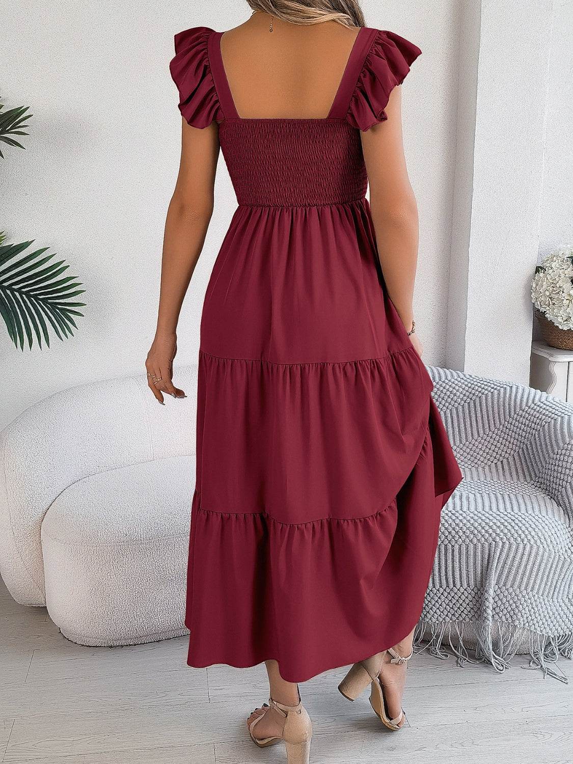 Boho Smocked Square Neck Tiered Midi Dress with Flutter Sleeves - MARIGOLD