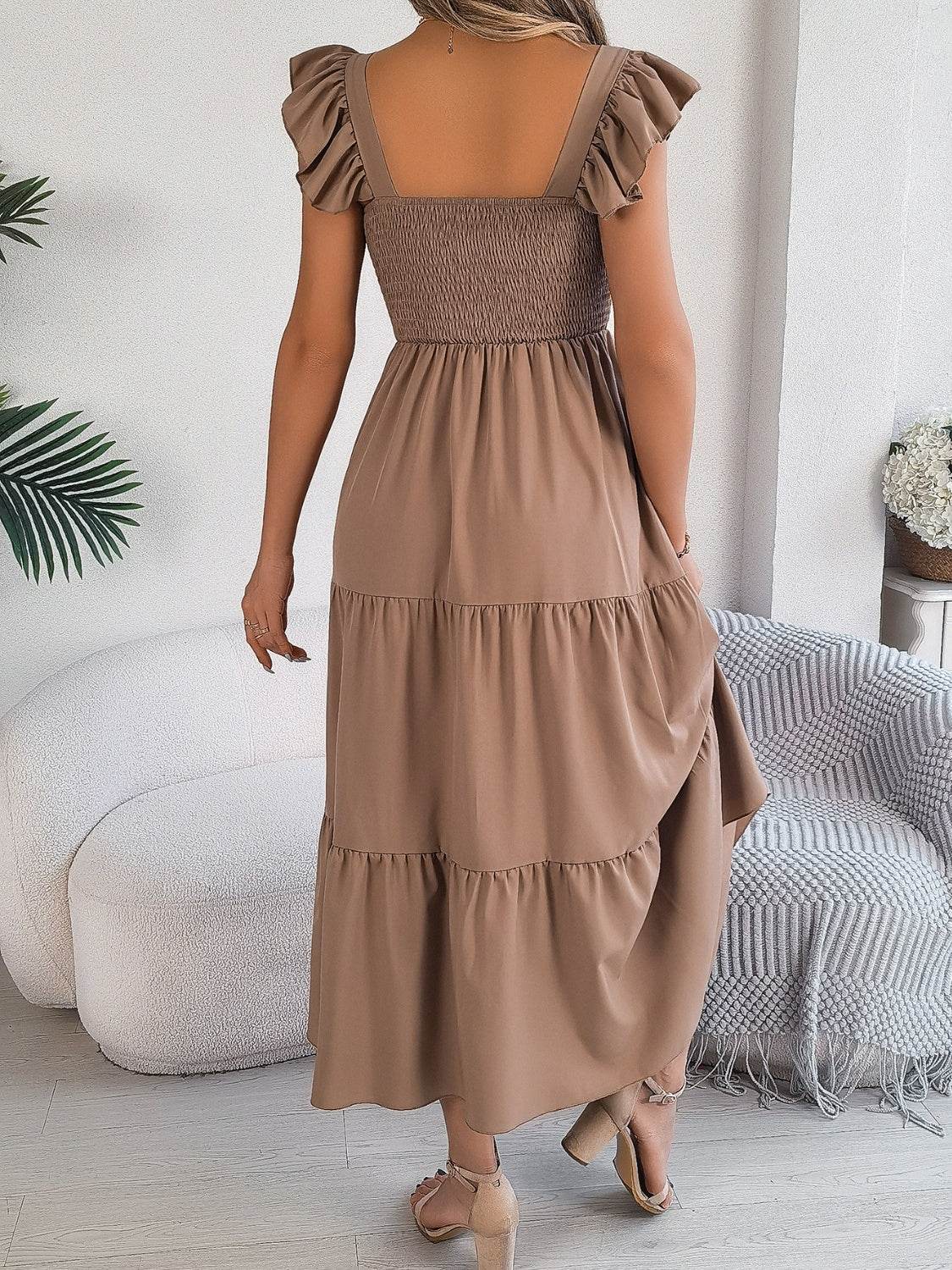 Boho Smocked Square Neck Tiered Midi Dress with Flutter Sleeves - MARIGOLD