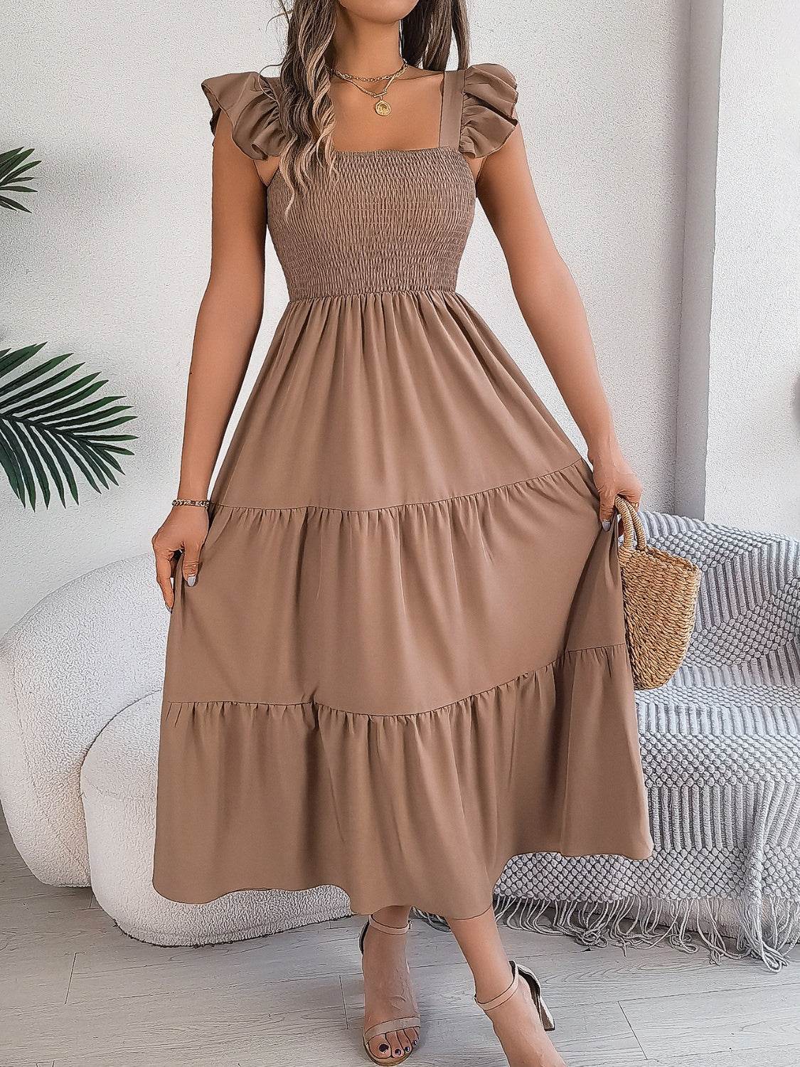 Boho Smocked Square Neck Tiered Midi Dress with Flutter Sleeves - MARIGOLD
