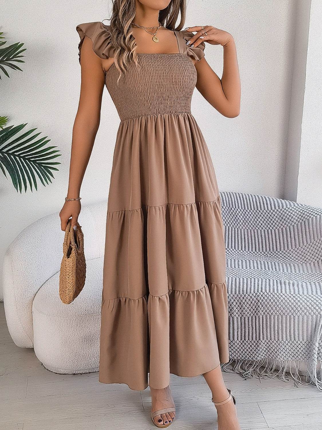 Boho Smocked Square Neck Tiered Midi Dress with Flutter Sleeves - MARIGOLD