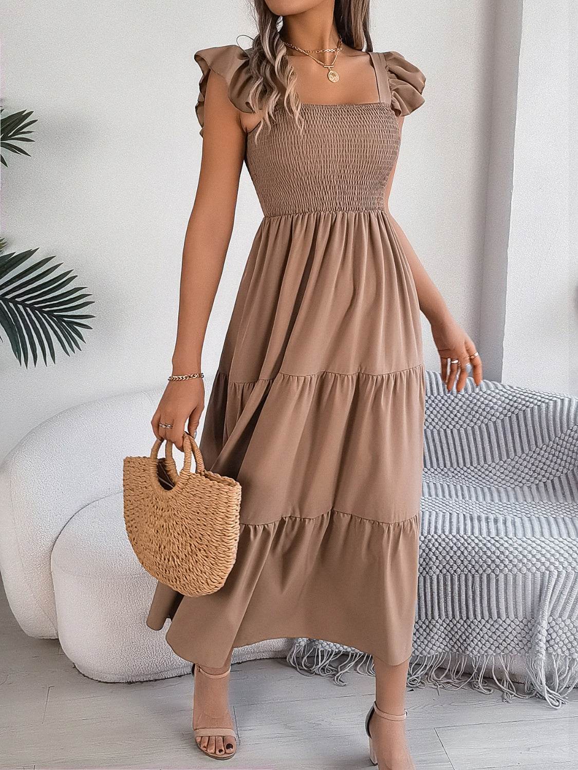 Boho Smocked Square Neck Tiered Midi Dress with Flutter Sleeves - MARIGOLD