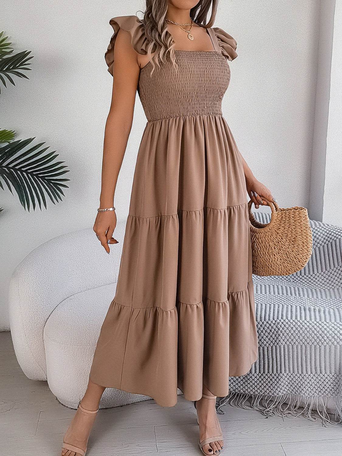 Boho Smocked Square Neck Tiered Midi Dress with Flutter Sleeves - MARIGOLD