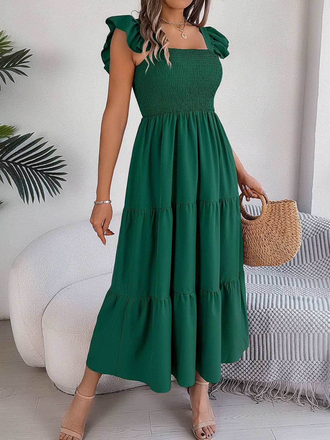 Boho Smocked Square Neck Tiered Midi Dress with Flutter Sleeves - MARIGOLD