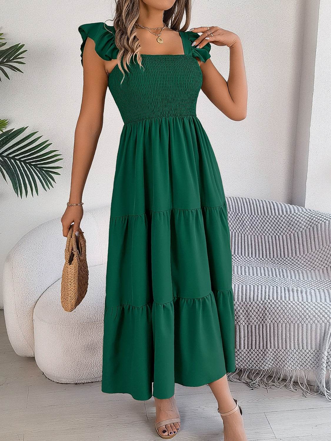 Boho Smocked Square Neck Tiered Midi Dress with Flutter Sleeves - MARIGOLD