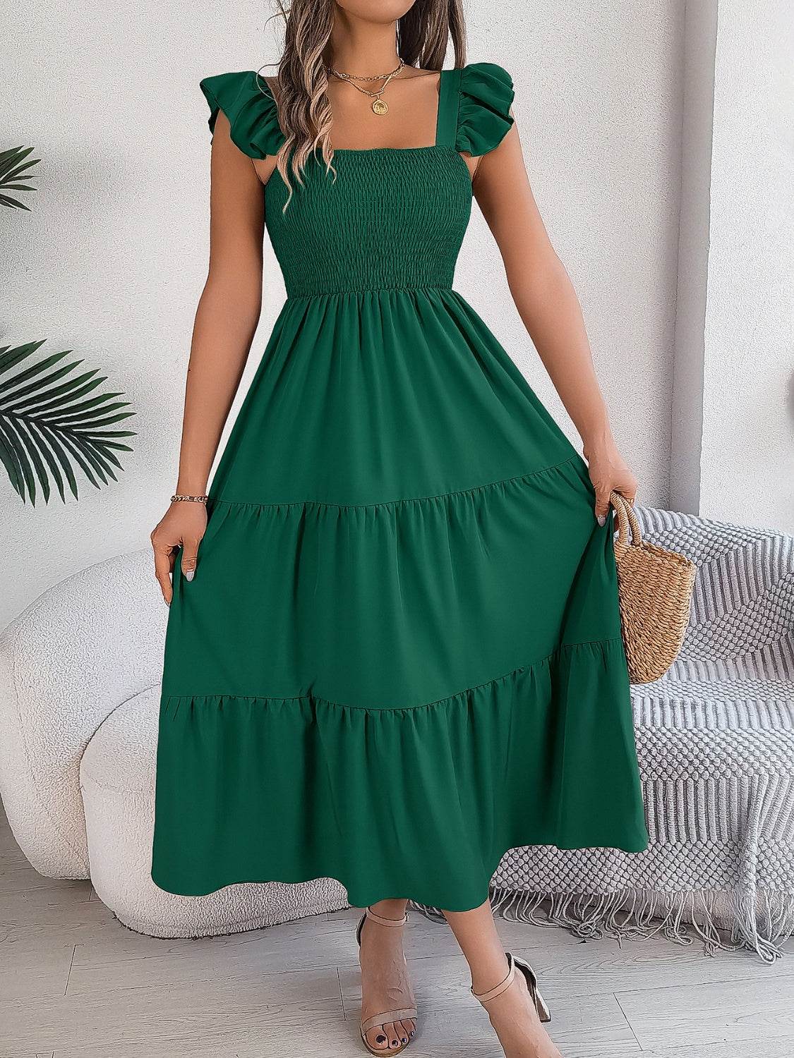 Boho Smocked Square Neck Tiered Midi Dress with Flutter Sleeves - MARIGOLD
