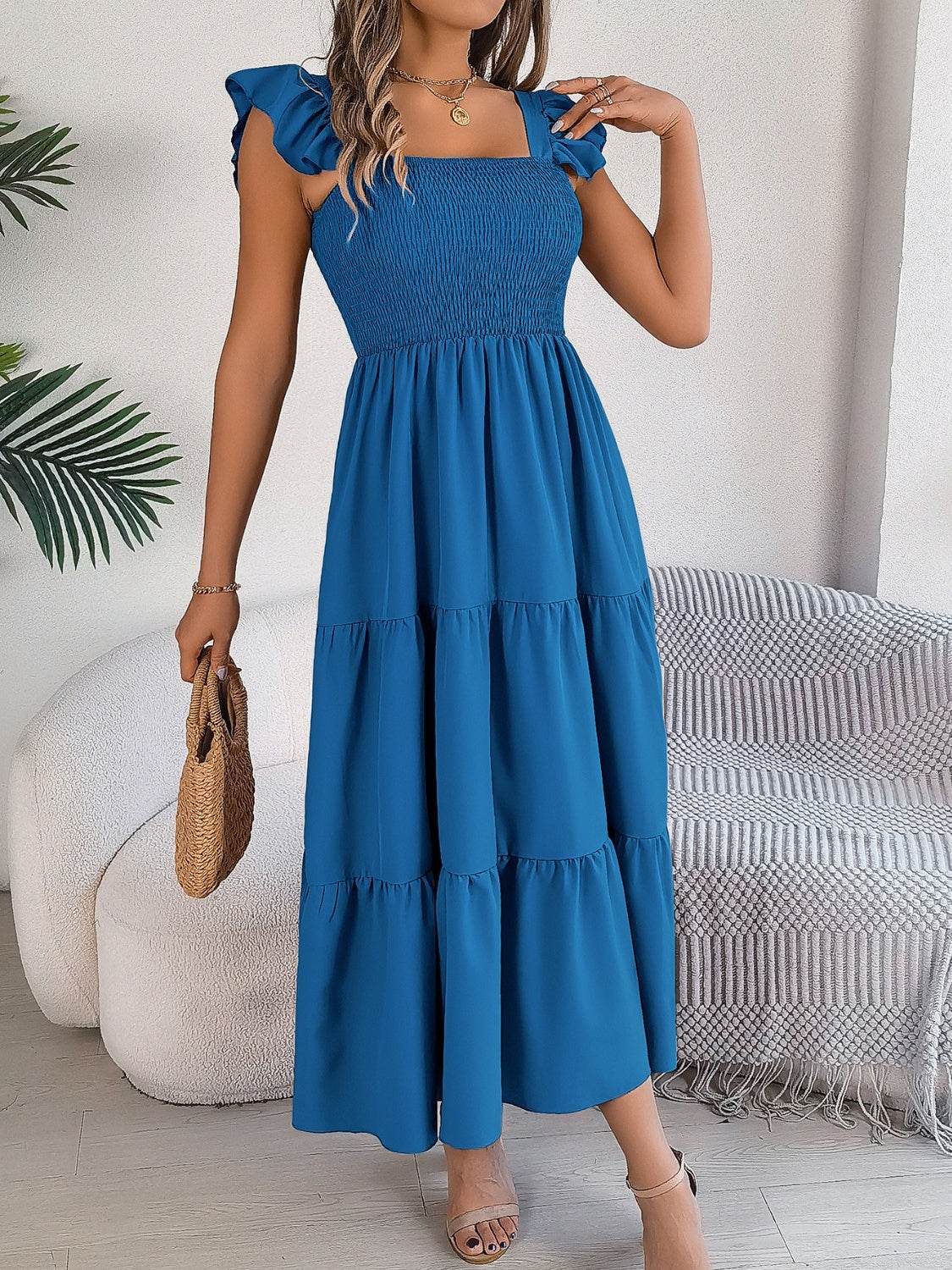 Boho Smocked Square Neck Tiered Midi Dress with Flutter Sleeves - MARIGOLD