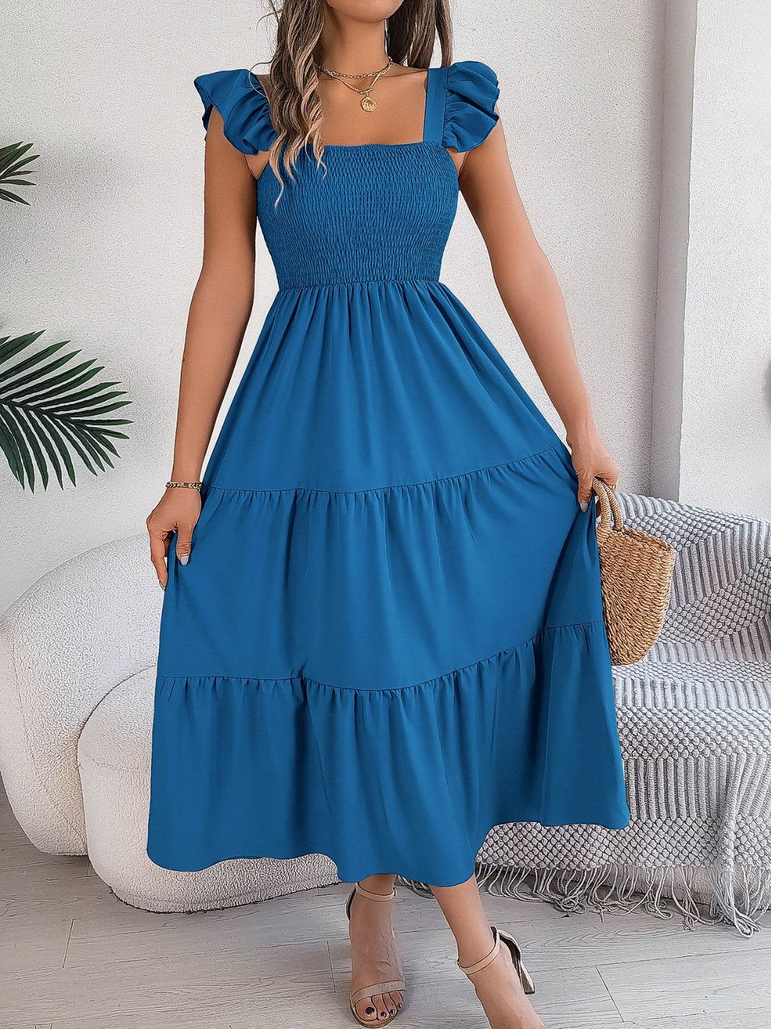 Boho Smocked Square Neck Tiered Midi Dress with Flutter Sleeves - MARIGOLD