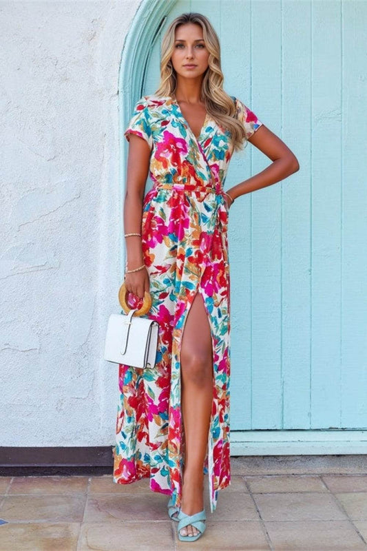 Floral Print Tie Waist Surplice Short Sleeve Maxi Dress - MARIGOLD