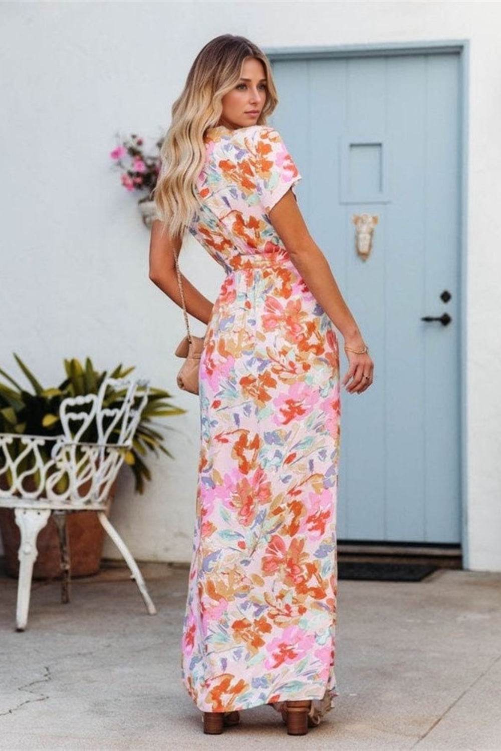 Floral Print Tie Waist Surplice Short Sleeve Maxi Dress - MARIGOLD