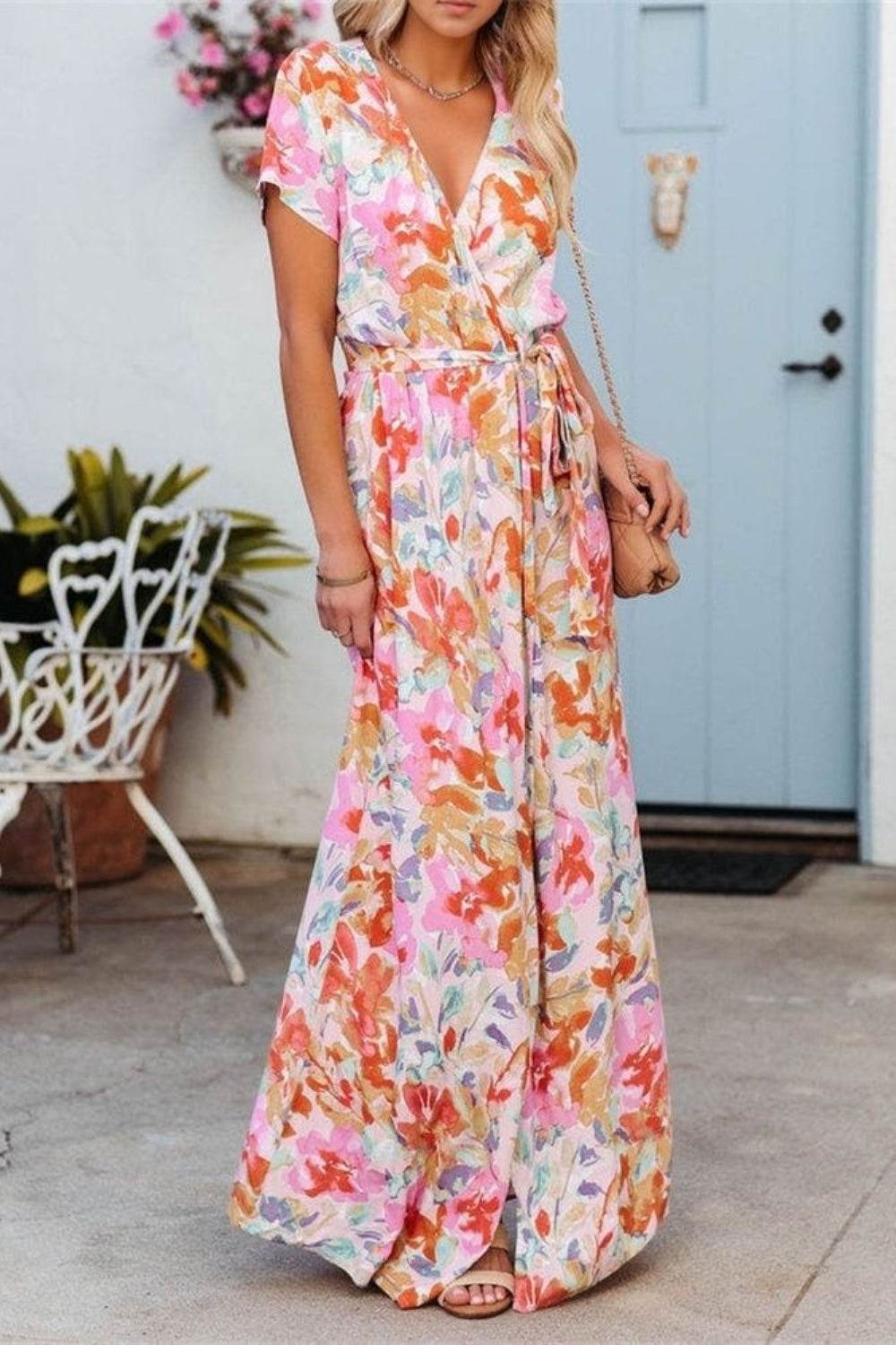 Floral Print Tie Waist Surplice Short Sleeve Maxi Dress - MARIGOLD