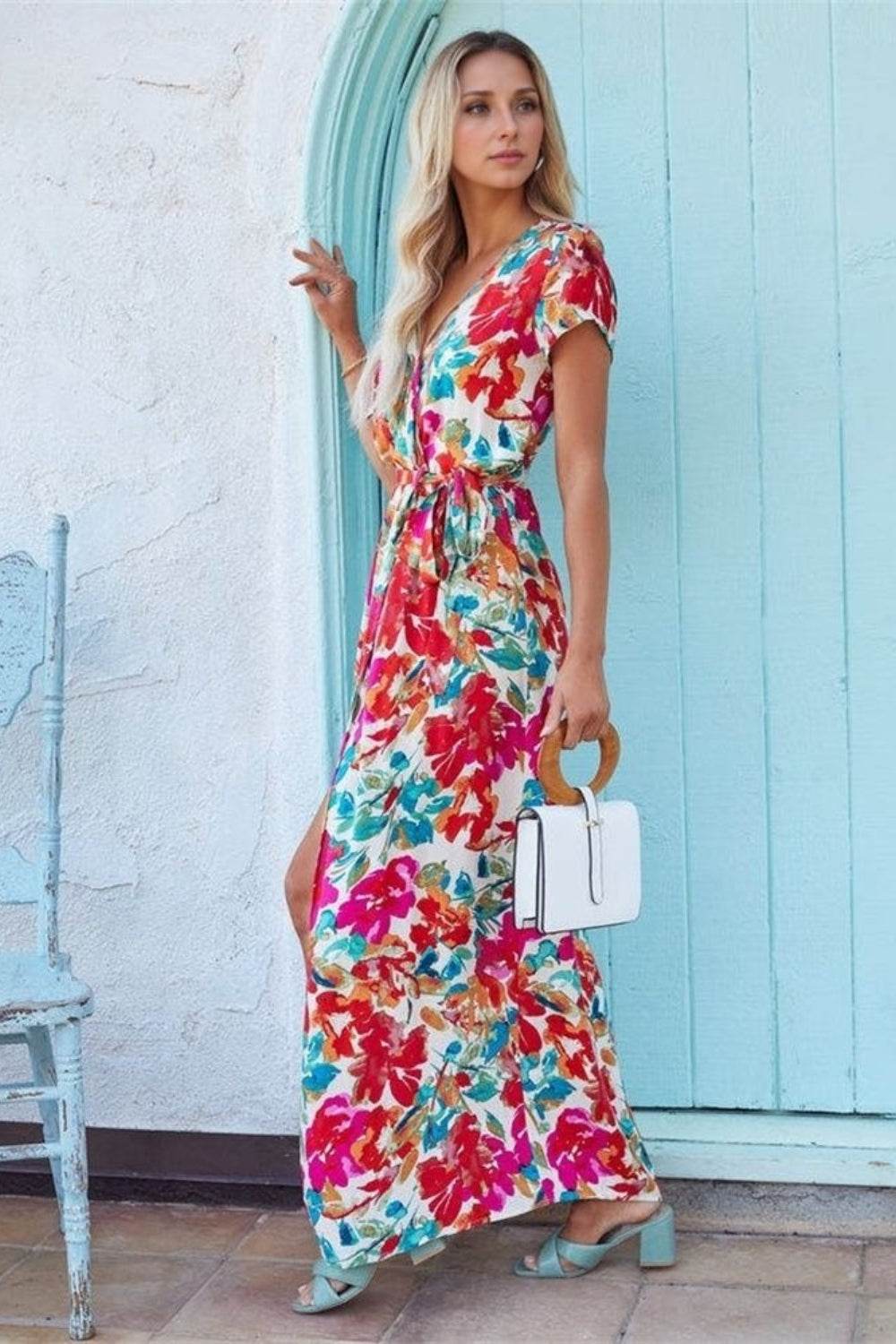 Floral Print Tie Waist Surplice Short Sleeve Maxi Dress - MARIGOLD