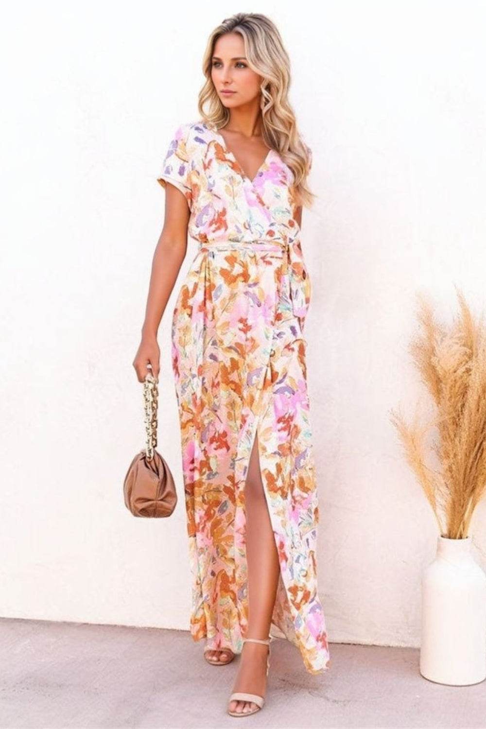 Floral Print Tie Waist Surplice Short Sleeve Maxi Dress - MARIGOLD