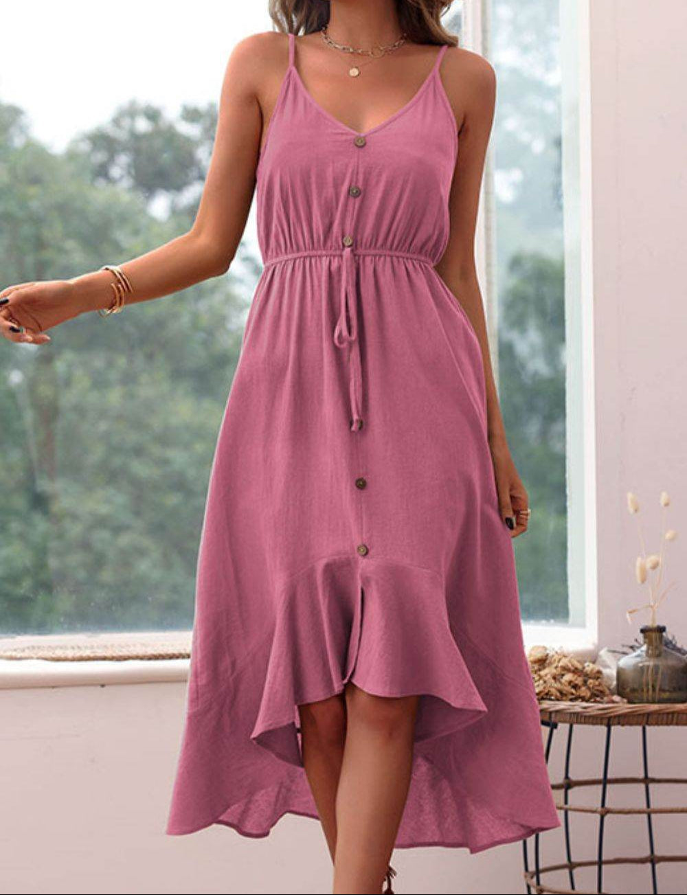 Perfee Spaghetti Strap Decorative Button Ruffled Dress - MARIGOLD