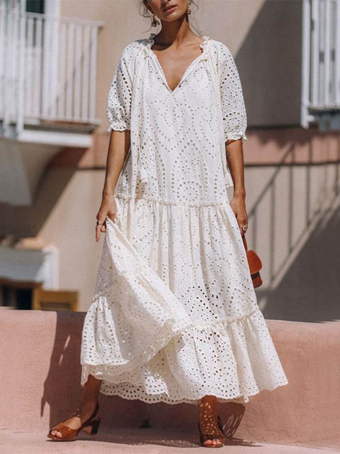 Eyelet Tiered Maxi Dress - MARIGOLD