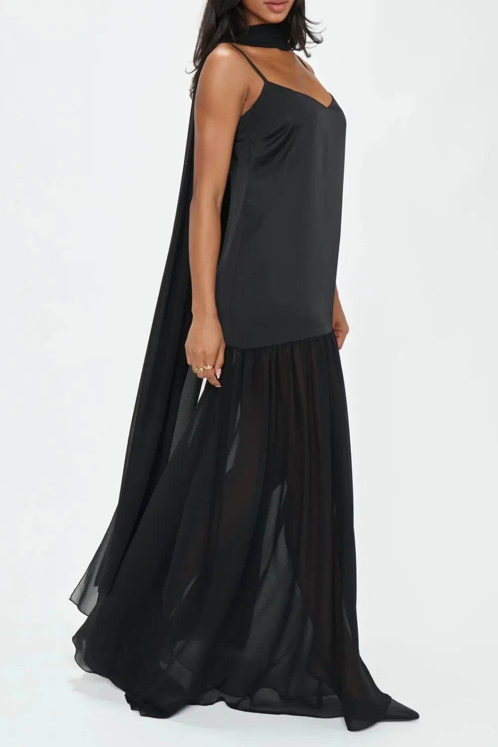 Ethereal Mesh Hem Cami Maxi Dress with Scarf - MARIGOLD