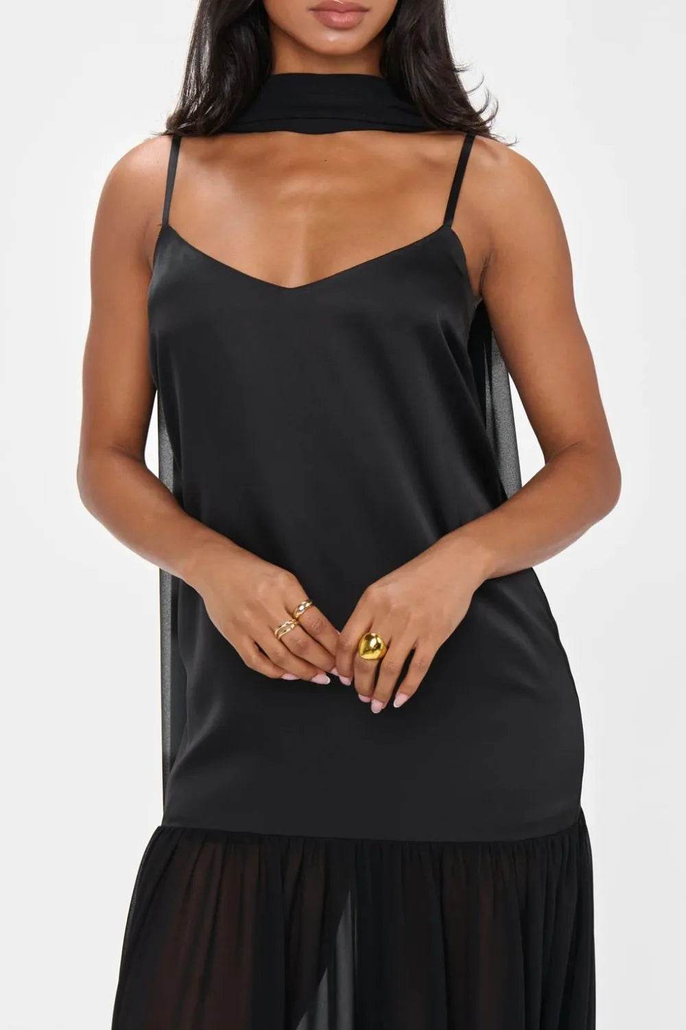 Ethereal Mesh Hem Cami Maxi Dress with Scarf - MARIGOLD