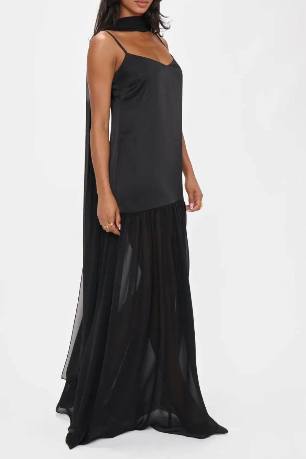 Ethereal Mesh Hem Cami Maxi Dress with Scarf - MARIGOLD