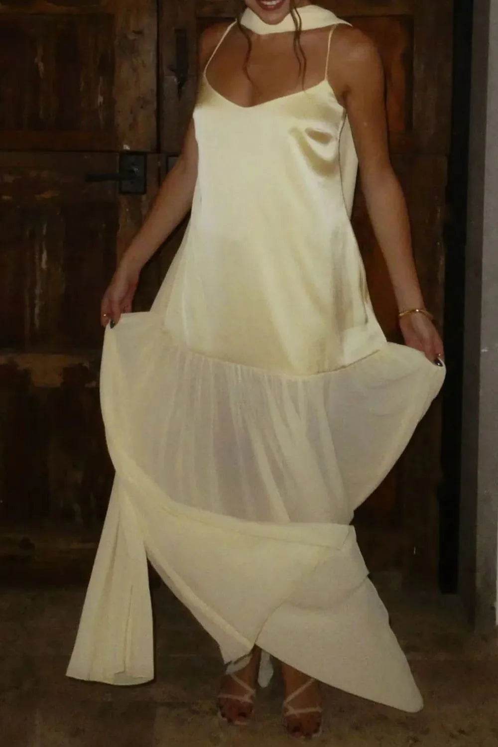 Ethereal Mesh Hem Cami Maxi Dress with Scarf - MARIGOLD