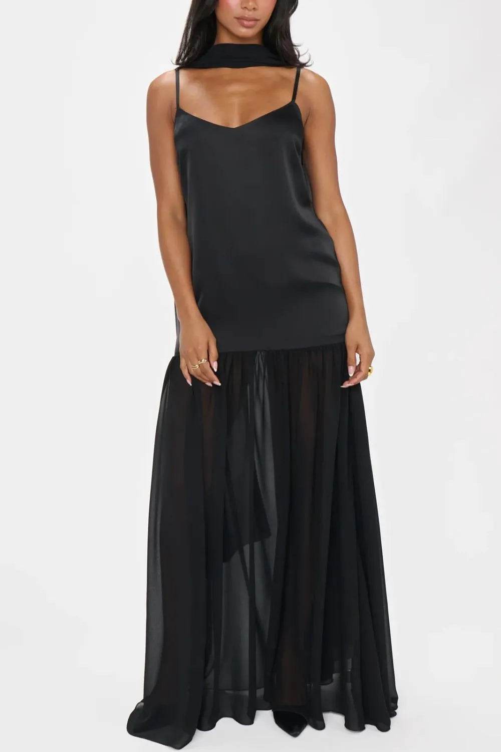 Ethereal Mesh Hem Cami Maxi Dress with Scarf - MARIGOLD