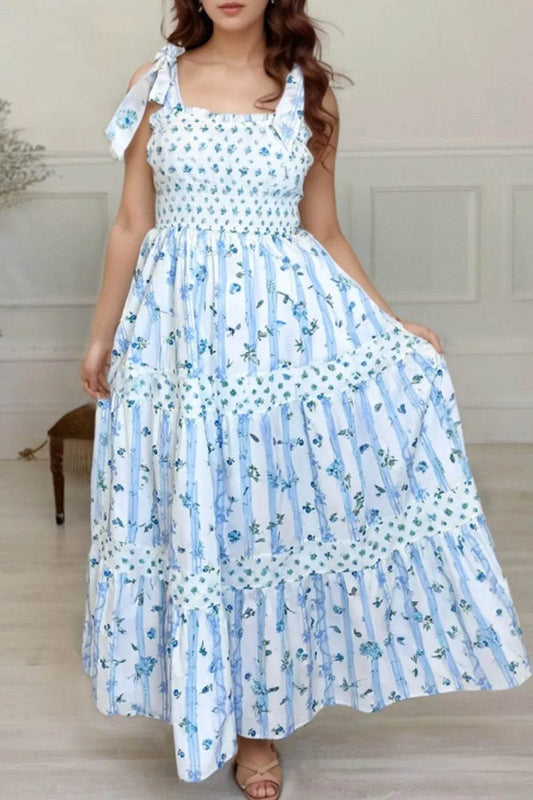 Floral Smocked Tiered Tie-Strap Maxi Dress - MARIGOLD